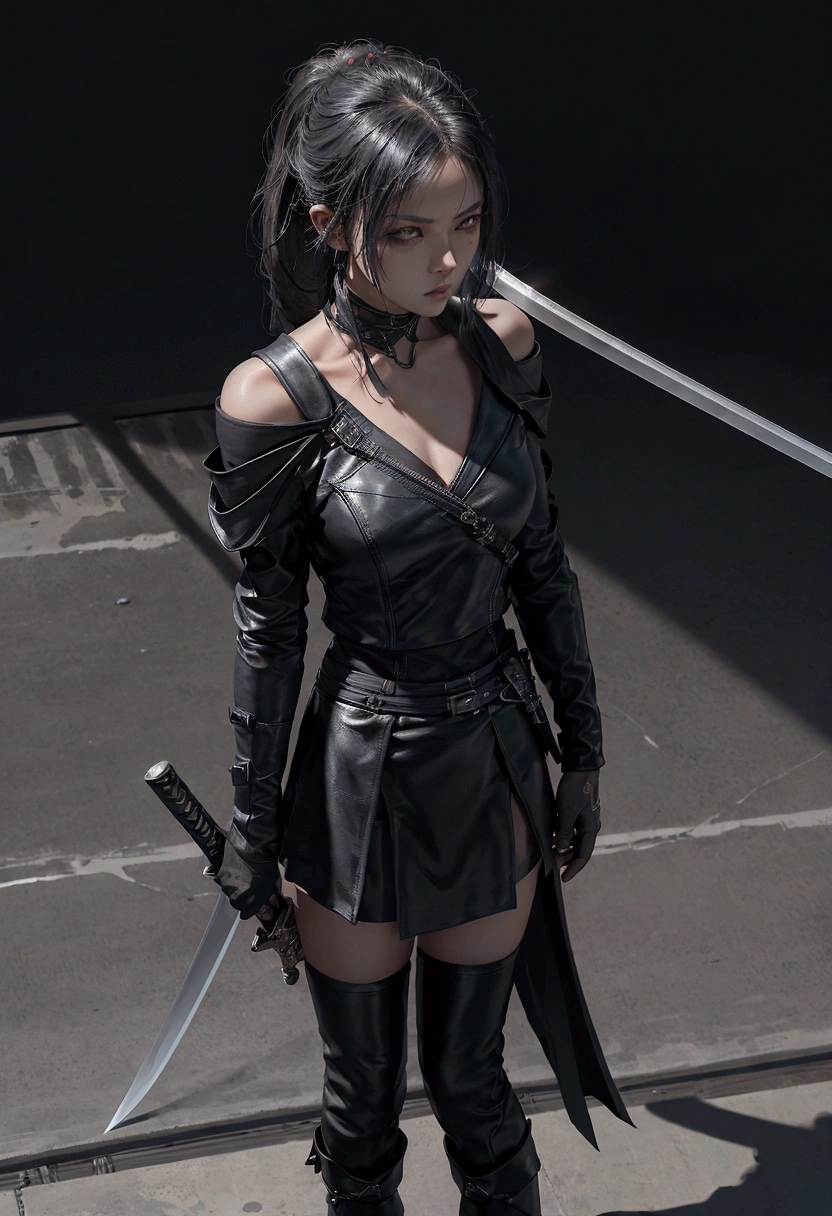 masterpiece, ultra high res, photorealistic, a assassin Girl, wear off shoulder black leather suit, wear black leather skirt, holding a samurai sword, standing in the shadow of a concrete pole in dark subway train station, assassin pose, low light, shadow effect, photorealism