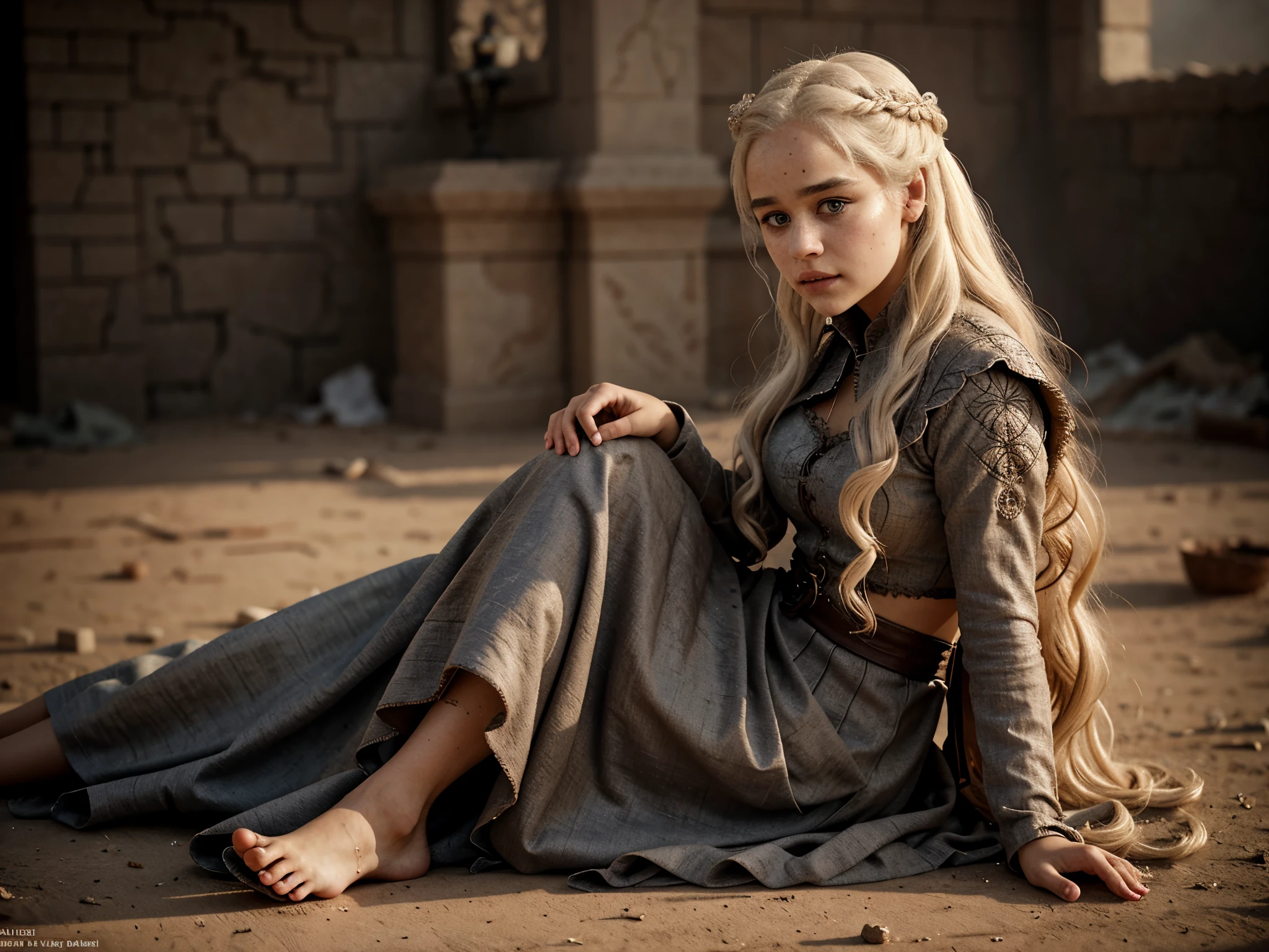 Daenerys Targaryen, in lace torn brown tunic with different patches, dust and dirty n dress, Wounds and bruises all over the body, felt after a battle. (The woman is bent to the ground due to injuries, bent in pain.). poor dress, modeling in different positions and places, Photoshoot, study, professional camera, ultra realistic, real skin pores,