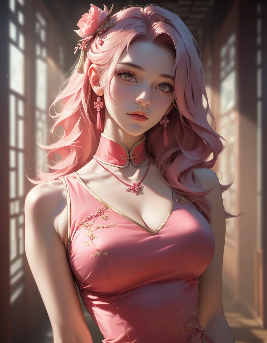 best quality, masterpiece, highres, 1girl,china pink dress,hair ornament,necklace, jewelry,Beautiful face,upon_body, tyndall effect,photorealistic, dark studio, rim lighting, two tone lighting,(high detailed skin:1.2), 8k uhd, dslr, soft lighting, high quality, volumetric lighting, candid, Photograph, high resolution, 4k, 8k, Bokeh,