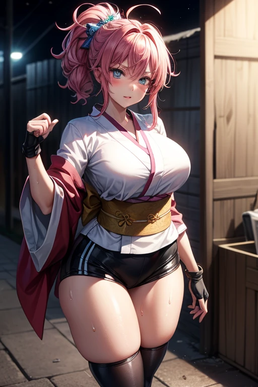 masterpiece, Highest quality,  Unreal Engine,  Super Resolution, Very detailed, 

Beautiful woman, machi, short kimono, obi, sash, fingerless gloves, bike shorts, socks,thighhighs,or, ponytail,hair_ornament, Vivid expression, Healthy Body, Smooth skin texture, Carefully drawn, 

(humidity:1.5), Beautiful Eyes, (Attractive face:1.2), (Beautiful Skin), Tight waist, (Big Breasts), (Sticky with sweat), Dynamic pose, 

In the world of Hunter Hunter, Outdoor, Slums at night,