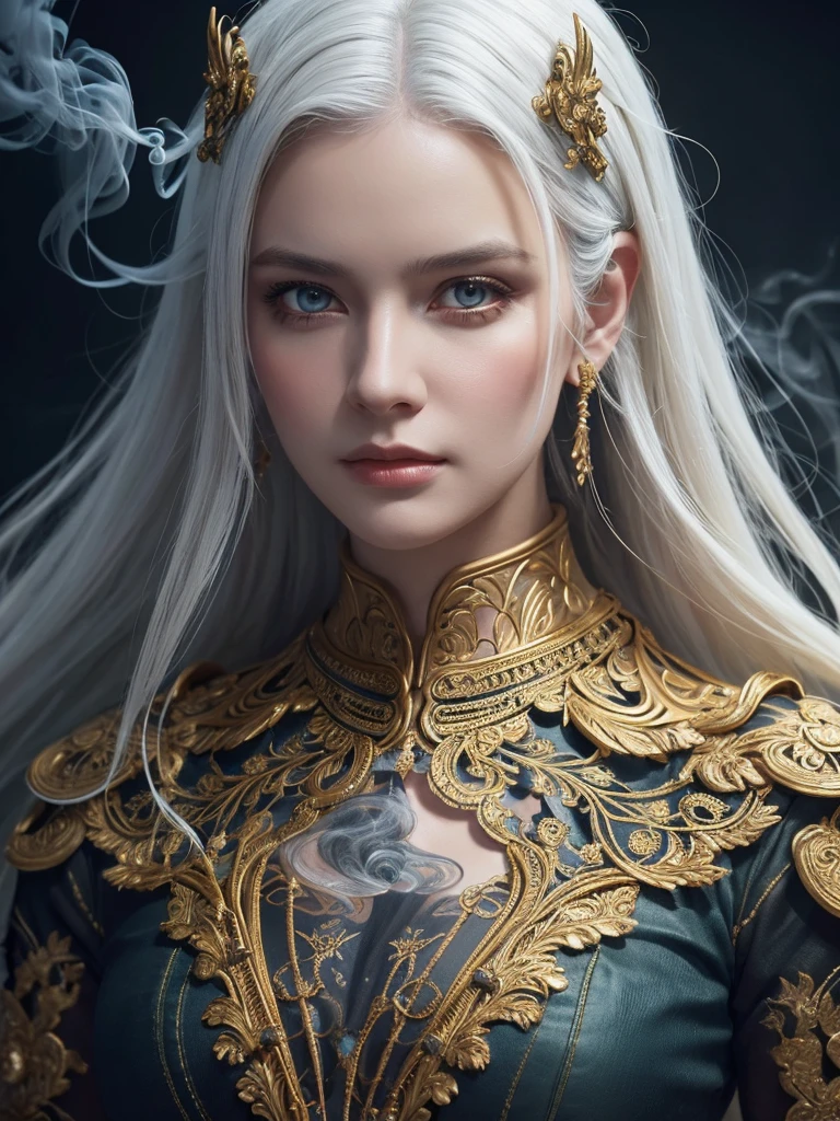 poRtRait, Beautiful woman, white haiR, oRnate dRess, (long haiR in waves like smoke):0.85 , confident expRession, detailed, 16K, sf, intRicate aRtwoRk masteRpiece, Unlucky, matte painting movie posteR, golden Ratio, tRending on cgsociety, intRicate, amazing, tRending on aRtstation, By Artgerm, h. R. Giger and Beksinski, highly detailed, vibRant, pRoduction cinematic chaRacteR RendeR, ultRa high quality model:1