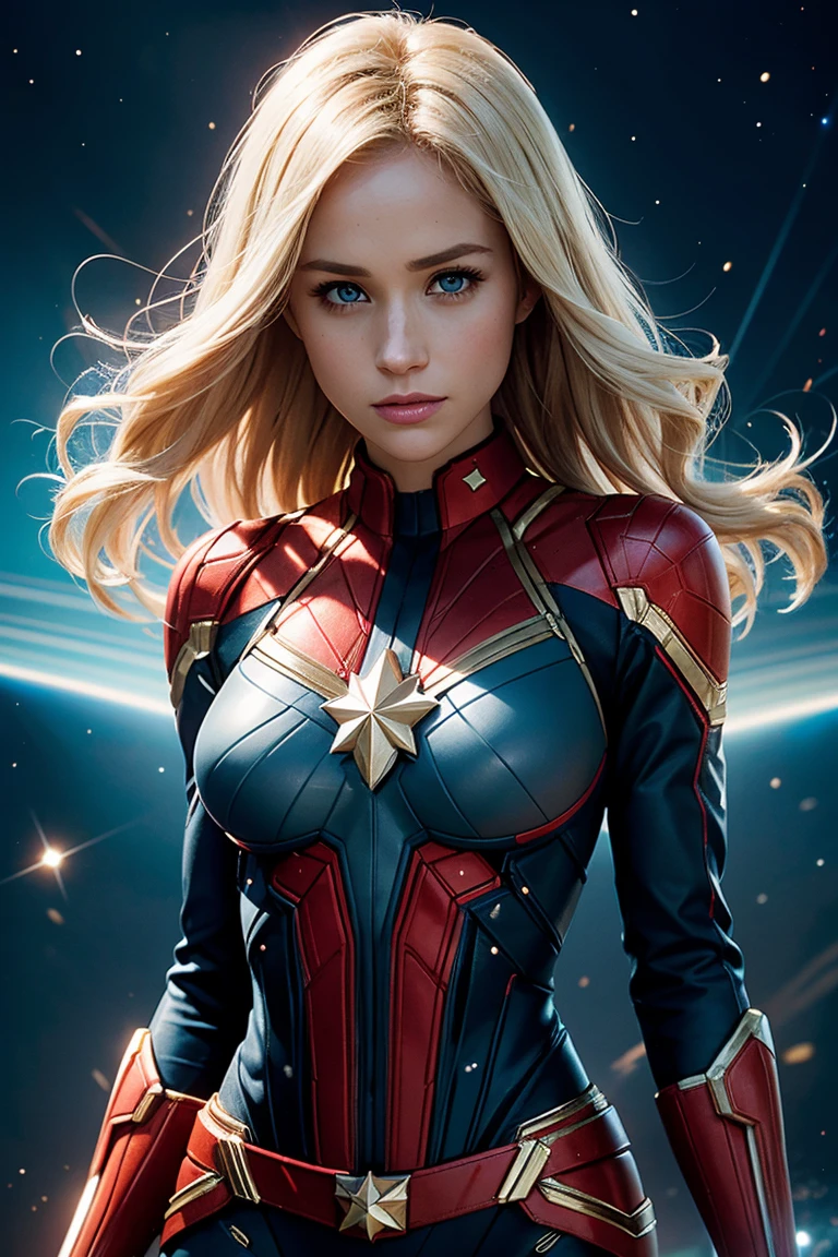 Meghan Markle, wearing Captain Marvel costume sexy clothes, her costume is transparent, (revealing her skin), professionally retouched, soft lighting, realistic, smooth face, perfect eyes, sharp focus on eyes, 8 k, high definition, insanely detailed, intricate, elegant. in a cosmic background, (((visible breasts))), she is removing her. Costume, visible nipples, visible vagina, blonde hair, blue eyes