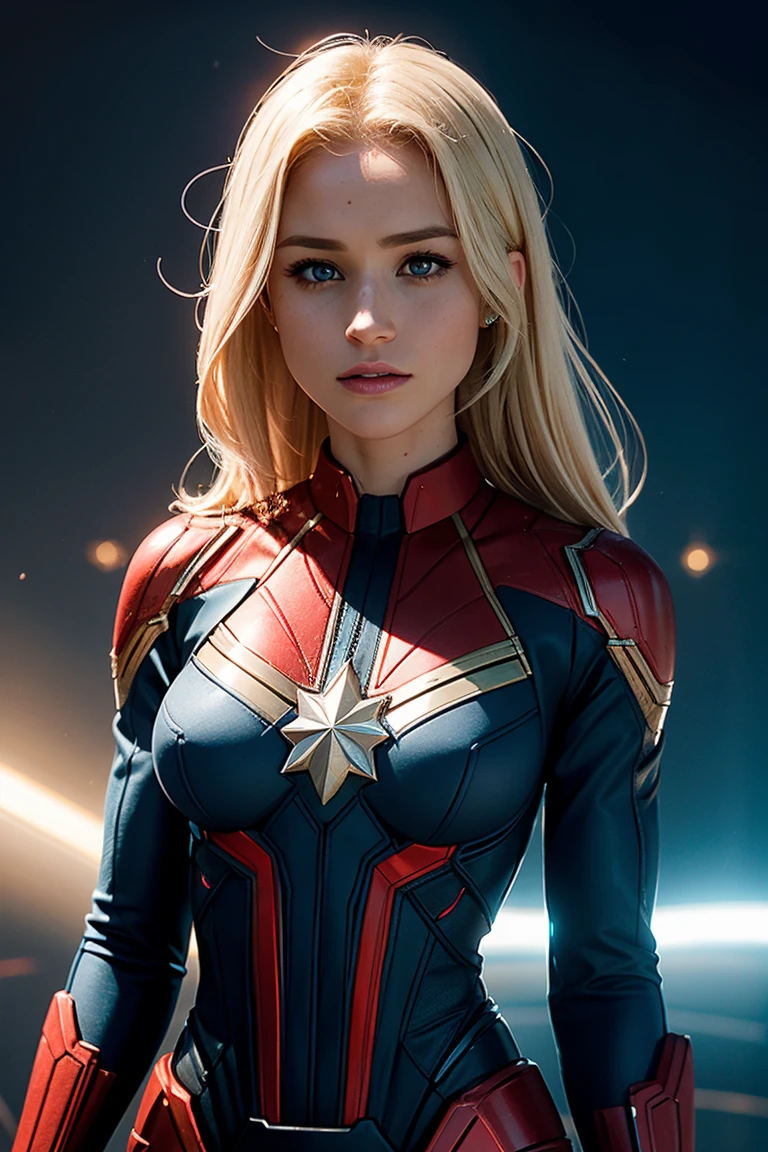 Meghan Markle, wearing Captain Marvel costume sexy clothes, her costume is transparent, (revealing her skin), professionally retouched, soft lighting, realistic, smooth face, perfect eyes, sharp focus on eyes, 8 k, high definition, insanely detailed, intricate, elegant. in a cosmic background, (((visible breasts))), she is removing her. Costume, visible nipples, visible vagina, blonde hair, blue eyes