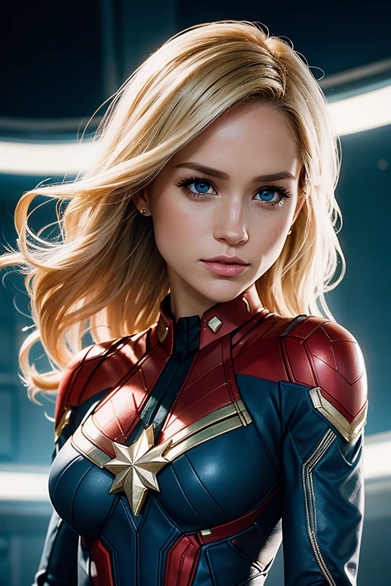 Meghan Markle, wearing Captain Marvel costume sexy clothes, her costume is transparent, (revealing her skin), professionally retouched, soft lighting, realistic, smooth face, perfect eyes, sharp focus on eyes, 8 k, high definition, insanely detailed, intricate, elegant. in a cosmic background, (((visible breasts))), she is removing her. Costume, visible nipples, visible vagina, blonde hair, blue eyes