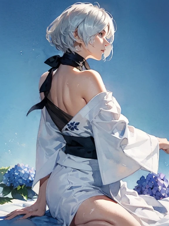 {(sensual look:1.4),(erotic face:1),(very ???????:1.2),(writhing:1.4),half open eye},BREAK,{(look away:1.2),(obscene pose:1.2),(arched back:1.2),(arch your neck:1.4)},BREAK,{(realistic photo graphic style:1.4),(watercolor image:1.2),(sketch drawing),overall light color}{(simple configuration:1.1),(profile:1.2)},BREAK,{(simple light_blue background:1.4),(hydrangea:1.4),(cast a shadow on the background:1.4)},BREAK,{(black headband:1.4),(colorful floral large pattern on ivory colored yukata:1.4),(disheveled yukata:1.4)},BREAK,{(clavicle:1.2),(cleavage between breasts:1),(shoulder:1.2),(thigh:1.4),(armpits:1),(sweat on the neck:1.2)},BREAK,{solo, (2B of Nier Automa:1.2)), (white_silver colored hair:1.4), short cut hair, (blue glowing eyes:1,4),(black hairband:1.4)},BREAK,{(masterpiece,best quality, 8K UHD, extremely detailed CG, detailed beautiful face and eyes and skin and hair)}