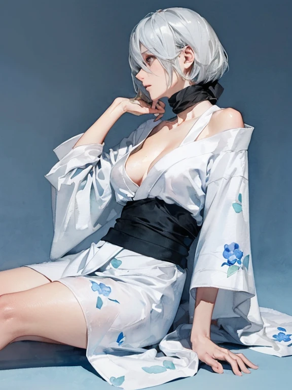 {erotic face,anguish,(patience:1.1),(very ecstasy:1.2),(writhing:1.4),embarrassing,half open eye},{(blue glowing eyes:1,4),(sensual look:1.4)},BREAK,{(realistic photo graphic style:1.4),(watercolor image:1.4),sketch,overall light color},{(simple configuration:1.1),(profile:1.2),(look away:1.2)},{(simple light_blue background:1.4),(hydrangea:1.4),(cast a shadow on the background:1.4)},BREAK,{(fower pattern on white yukata:1.4),(disheveled yukata:1.4)},BREAK,{(clavicle:1.2),(cleavage between breasts:1),(shoulder:1.2),(thigh:1.4),(armpits:1),(sweat on the neck:1.2)},{(solo, YoRHa type of Nier Automa):1.2, (white_silver colored hair:1.4), short cut hair, (blue glowing eyes:1,4),(black bandana:1.5)},BREAK,{(masterpiece,best quality, 8K UHD, extremely detailed CG, detailed beautiful face and eyes and skin and hair)}