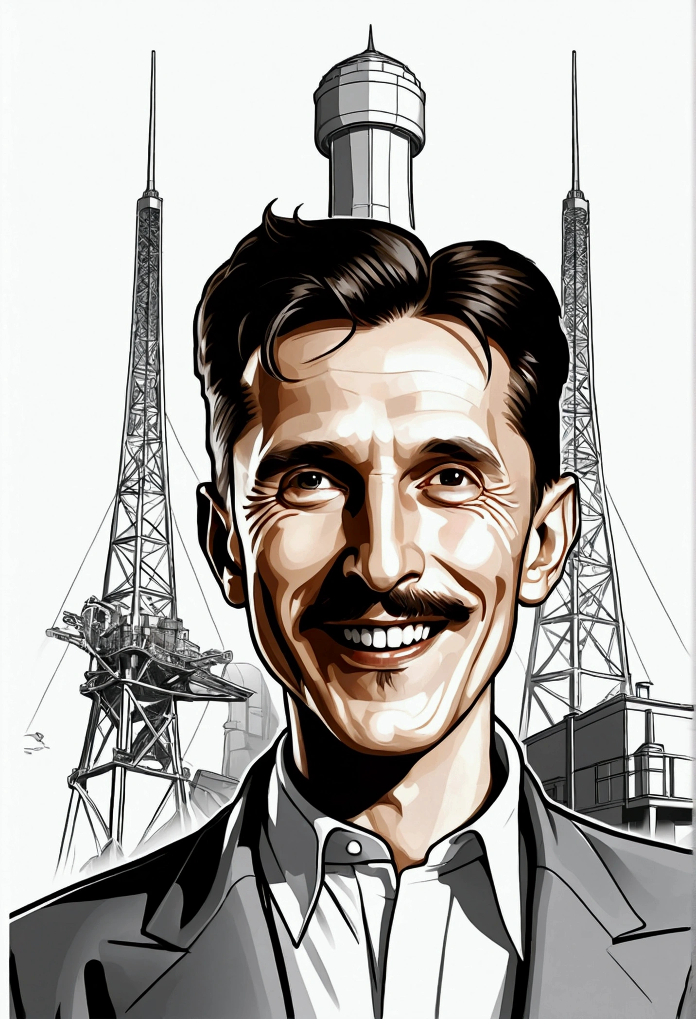 nikola tesla  caricature t shirt design, white background,smile,half bust ,carton full body,in the background a tesla tower