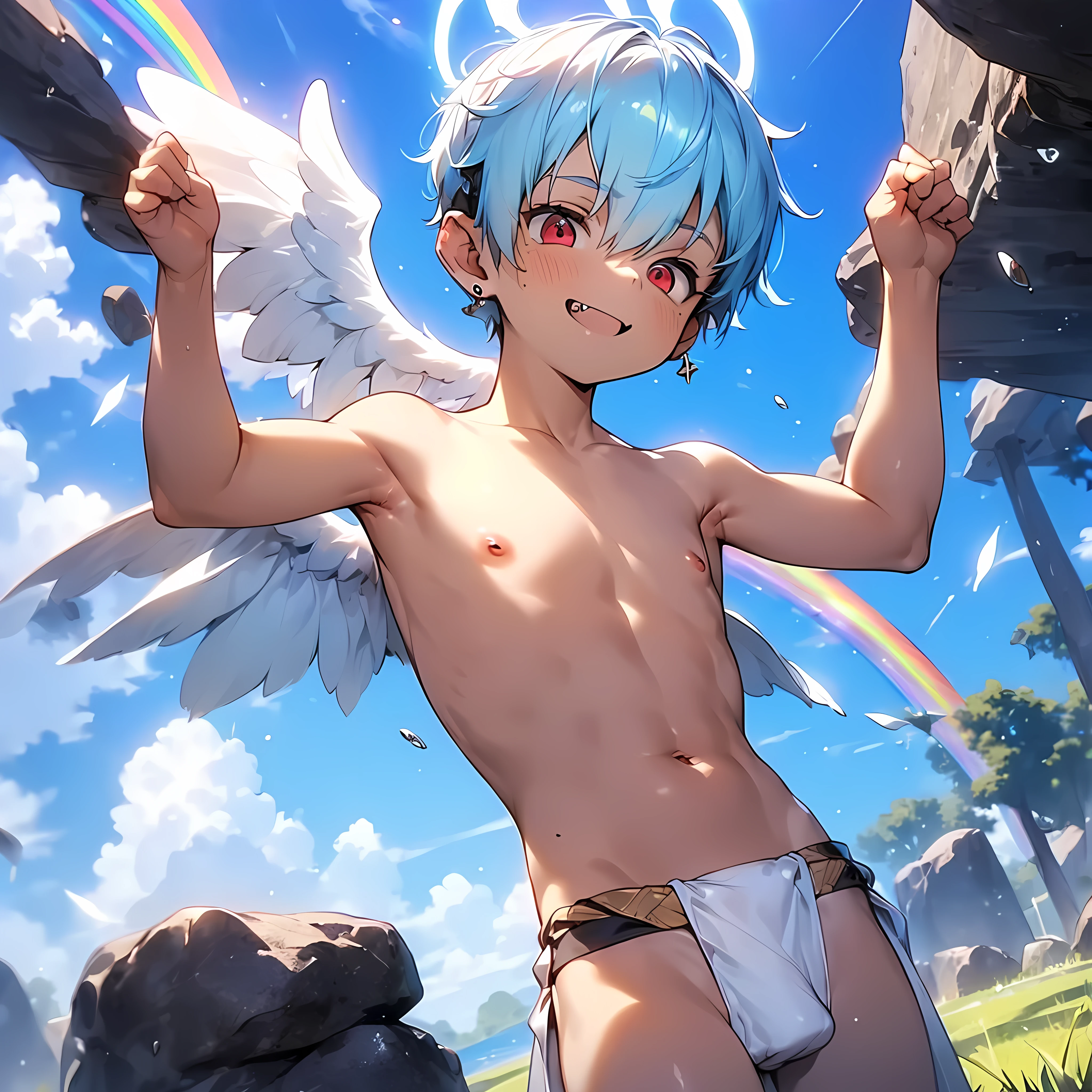 (solo:2), (boldline:-1.7), (dancing pose:1.8), (arched back:1.1), (rainbow:1.5), (twin angel wings on his back:1.6), (halo on his head:1.3), (on rock:1.5), (musical notes:1.5), (((fang))), (((best finger))), (((best arms))), (((best hands))), (((best legs))), BREAK (best quality:1.5), (absolutely resolution:1.4), (ultra detailed:1.5), (masterpiece:1.5), (perfect face), (detailed face), (detailed eyes), (best eyes), (cute face), (shota:2), BREAK (topless:2), BREAK (white loincloth:1.5), (bulge:1.6), (skinny:1.3), BREAK (light blue hair:1.5), (spiked hair), (wine red eyes:1.4), (eyes with highlight:1.6), ((mole under eye)), (sweaty skin), ((earrings)), (smiling), (chuckling:1.5), (shiny skin:1.3), BREAK (top of hill:1.5), (grass:1.5), (blue sky:1.5), (sunlight), ((wind blowing)), ((nipple)), (abs), (groin), armpit, from below