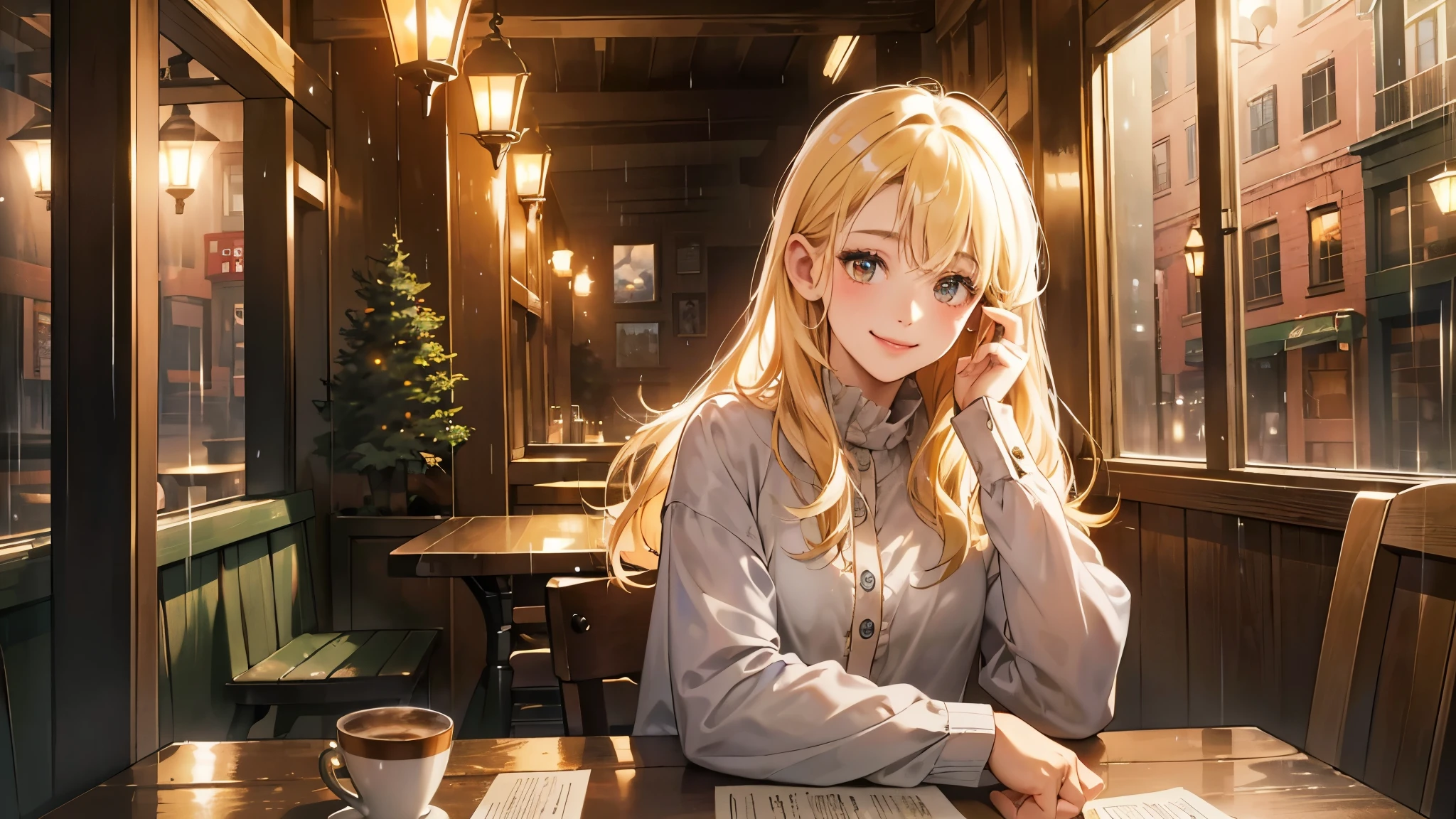 (High-resolution, Best quality, Detailed) capturing a warm and inviting (landscape:1.4) of a cozy café nestled in the city on a rainy day. highlighted by the soft, melancholic glow of lamplight streaming through drizzle-spattered windows.
a girl with a sweet smile and a charming face.