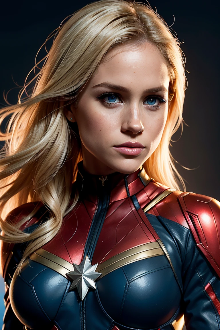 Meghan Markle, wearing Captain Marvel costume sexy clothes, her costume is transparent, (revealing her skin), professionally retouched, soft lighting, realistic, smooth face, perfect eyes, sharp focus on eyes, 8 k, high definition, insanely detailed, intricate, elegant. in a cosmic background, (((visible breasts))), she is removing her. Costume, visible nipples, visible vagina, blonde hair, blue eyes