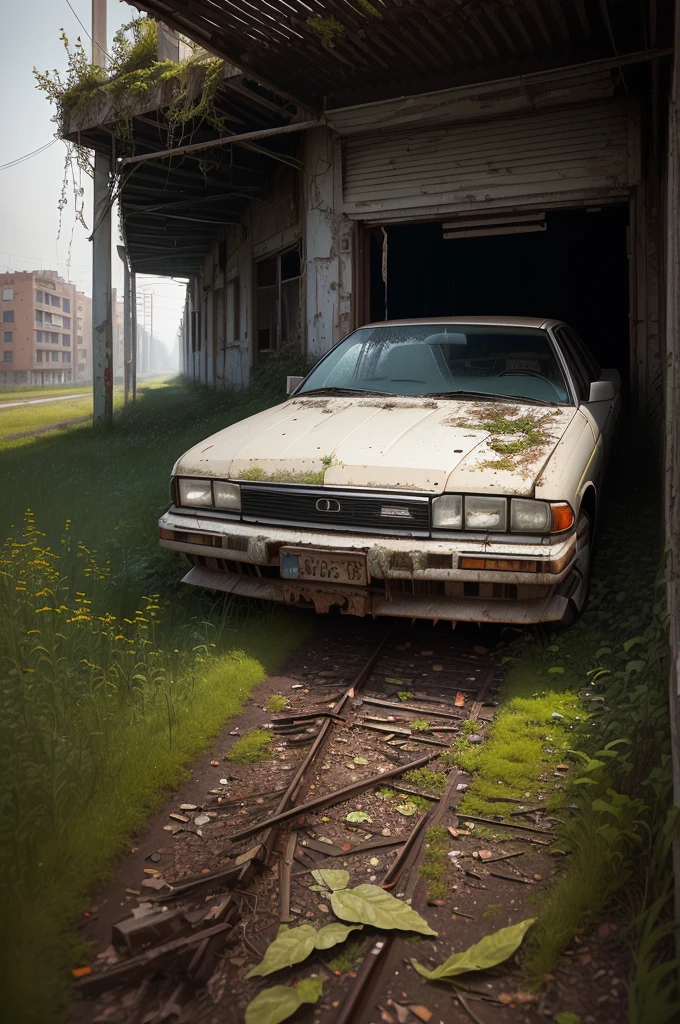 Alafid car on grass near building, overgrown城市, abandoned car, inspired by Elsa Breda, nature takes over, abandoned vehicles, nature overgrowth, by Elsa Breda, overgrown環境, by Maxim Verein, 許多overgrown報廢汽車, Photography Alexey Gurylev, Abandoned city, overgrown , ((low angle shot 1.7)) ((Camera lens close to the ground to shoot 1.8))