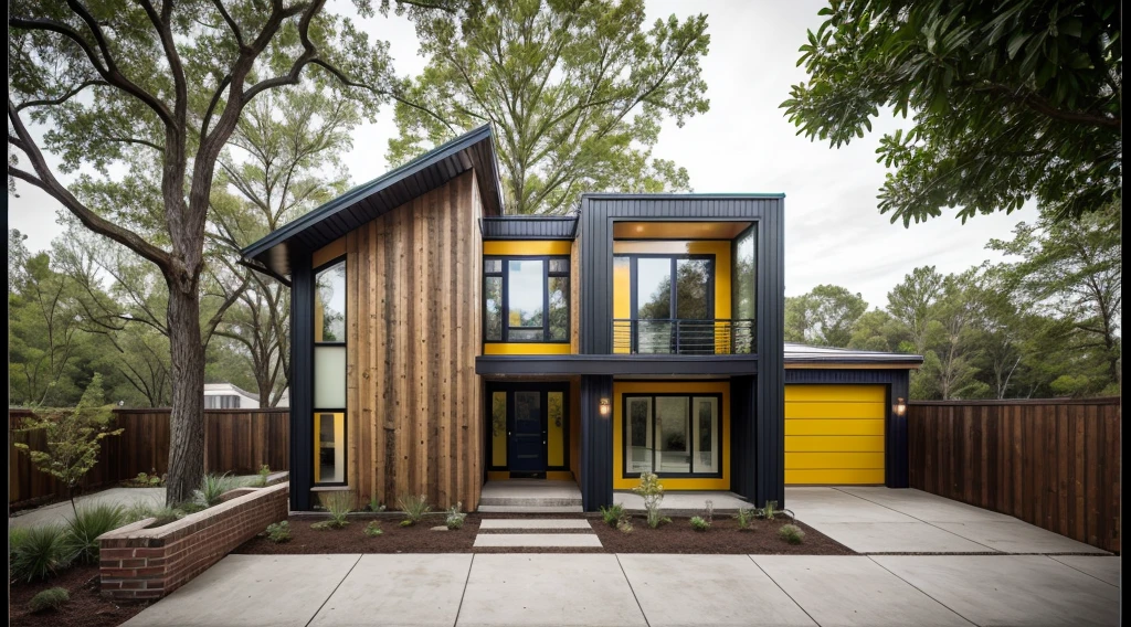 house exterior industry style, dark yellow and green color scheme, like an oldtime industry factory,raw materials, exposed structural elements, and simple, clean lines,rough-hewn steel, polished concrete, glass, and exposured brick,