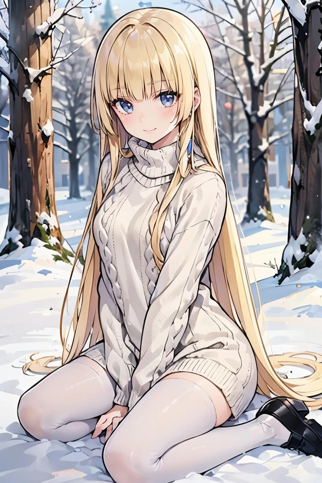 Safe for work, masterpiece, best quality, solo, 1 girl,  cute girl, wholesome girl, (young female body:1.4), ( medium small breasts), cowboy shot, shy smile, flustered, yellow hair, voluminous wavy hair, extra long hair, hime cut, very blunt bangs, light blue eyes, detailed eyes, snowy forest trees, snow, hiromashimav1, black pleated skirt, white knitted jumper, knitted sweater, oversized white sweater, short black skirt, white pantyhose, black skirt, sitting in the snow, kneeling on the ground snow, white pantyhose, black shoes