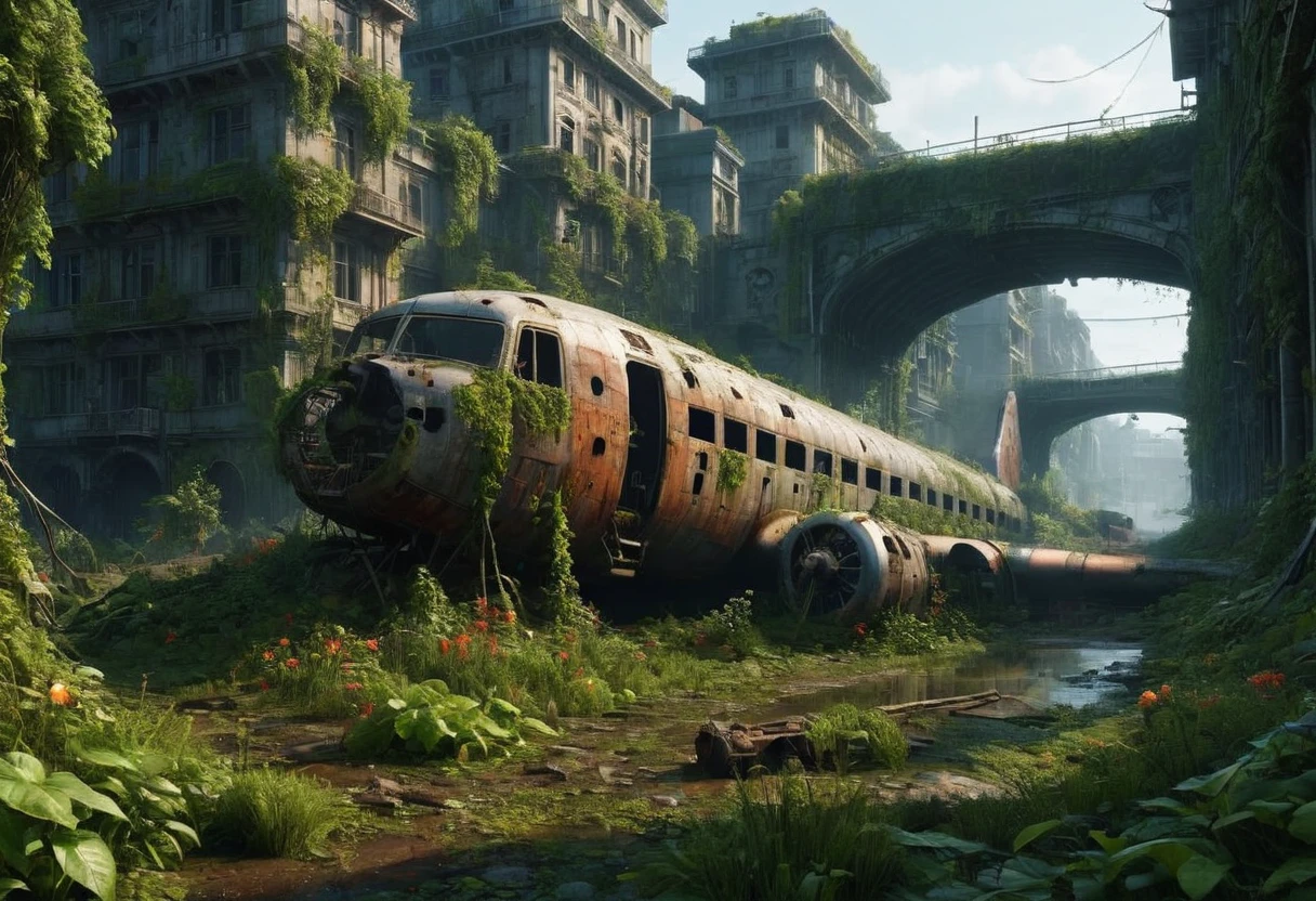 "Create a 3D animation of an abandoned metropolis (2022) in the style of Jakub Rozalski
* rusty airplane, overgrown with moss, showing signs of decay
* Intricate details, including texturing and modeling, in ultra-high quality
* Render the scene in 8K resolution (7680 x 4320 pixels) with extreme attention to detail
The metropolis should be overgrown with lush greenery, with vines and flowers, bridges covering the buildings and streets. Rusty cars should be in various states of disrepair, with visible corrosion and oxidation. Include subtle lighting and atmospheric effects to create a sense of depth and immersion.
deliver detailed, seamless, and high-quality 3D animation that meets these specifications."