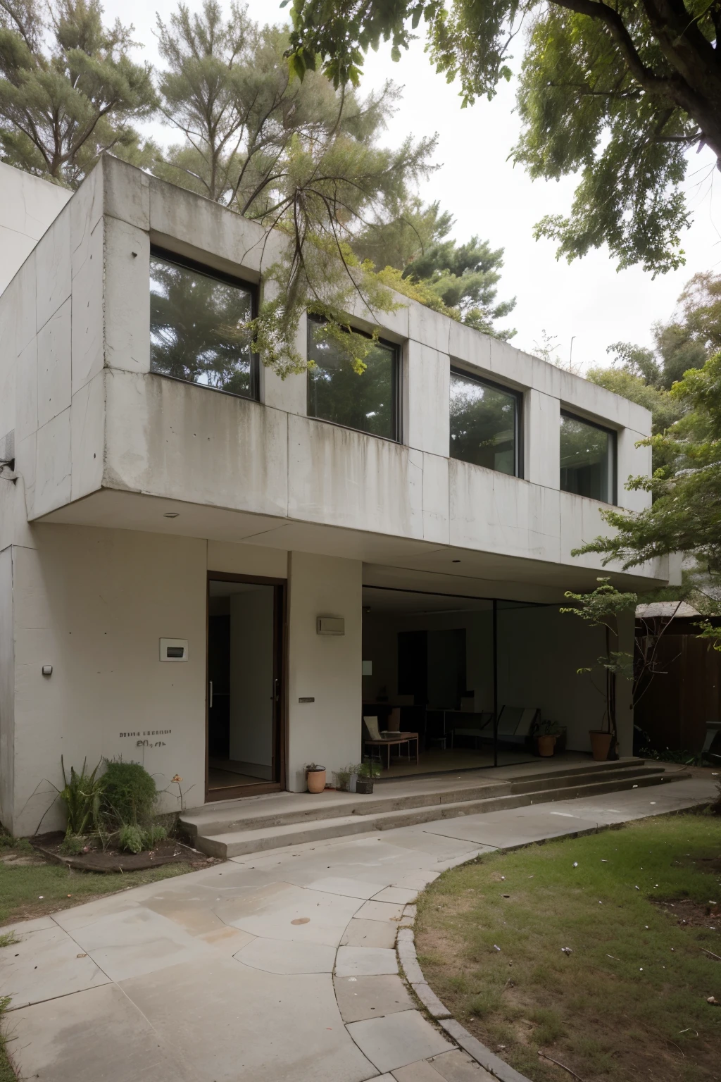 house, one pavement, lots of plants on the wall, brutalist, spanic architecture, in the middle of the woods with araucárias