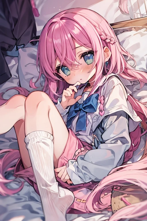 Beautiful illustrations, Highest quality, (12-year-old girl:1.4)、(pretty girl：1.5)、 girl、Flat Chest、Sailor collar、(White long tunic:1.4)、Long sleeve sailor suit、Blue-line cuffs、(Pink Chino Shorts：1.7)、(Pink shorts with wide openings：1.6)、Gap between thigh and shorts、Thin thighs、White socks、 Cinema Lighting, (Pink long hair)、Pink Straight Hair、Redness on the cheeks、(Braiding of the back of the head)