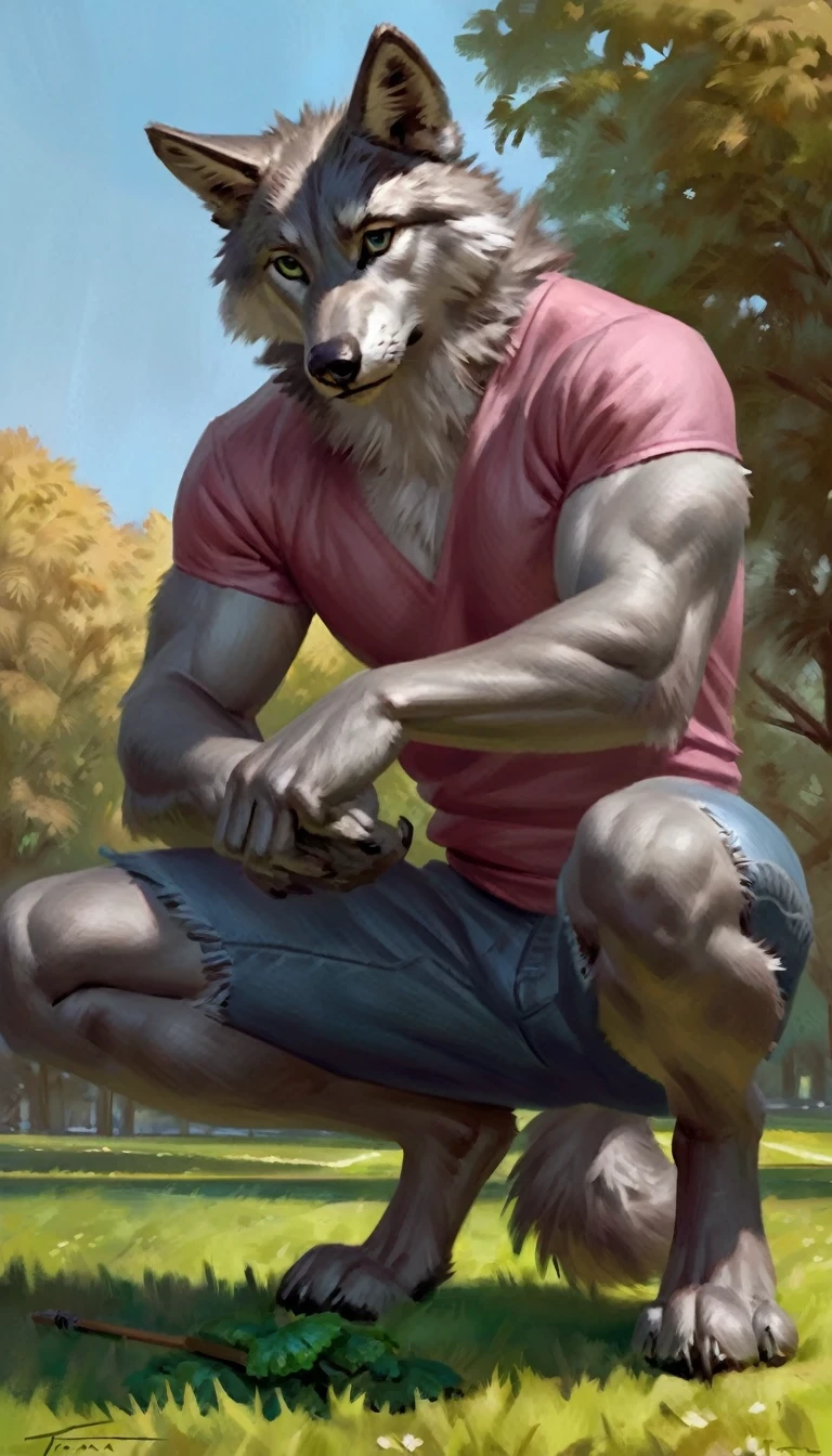 male gray wolf antrum, wolf tail, alone, arrogant expression, masterpiece, Best Art, whole body, by violinist taran, detailed eyes, detailed body, claws, high, top-less, Pecs, ABS, squatting posture, jeans and pink t-shirt, sunny background in a park, green food, blue sky