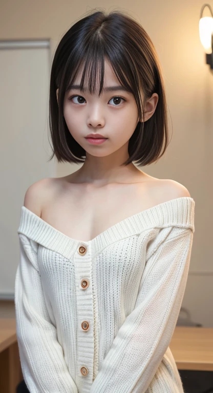 Highest quality, 8k, ((8--old, generations,,Lolicon,Childish, Primarye,若いface,RAW Photos, Absurd, Award-winning portraits, にこやかな笑face, White teeth,The corners of the mouth turn up,alone, (night:1.8), Idol face, Delicate girl,Delicate body, Upper Body, Digital SLR, Show Viewer, Frank, Sophisticated,Thin arms, Slim body,Stroking the shoulder,length, Thin neck,Professional Lighting, Film Grain, chromatic aberration, (Eyes and faces with detailed:1.0) , Black-haired , Shortcuts,prohibit, double eyelid, Droopy eyes , Small breasts,Knitted Products,White knitwear,Knitted Products,texture,Too much exposure,shoulders protruding,((Drop shoulder)),I can see your chest,I can see your chest,I can see your chest,Cleavage,A light Shines in my chest,Shine胸,Shine胸,Shine,