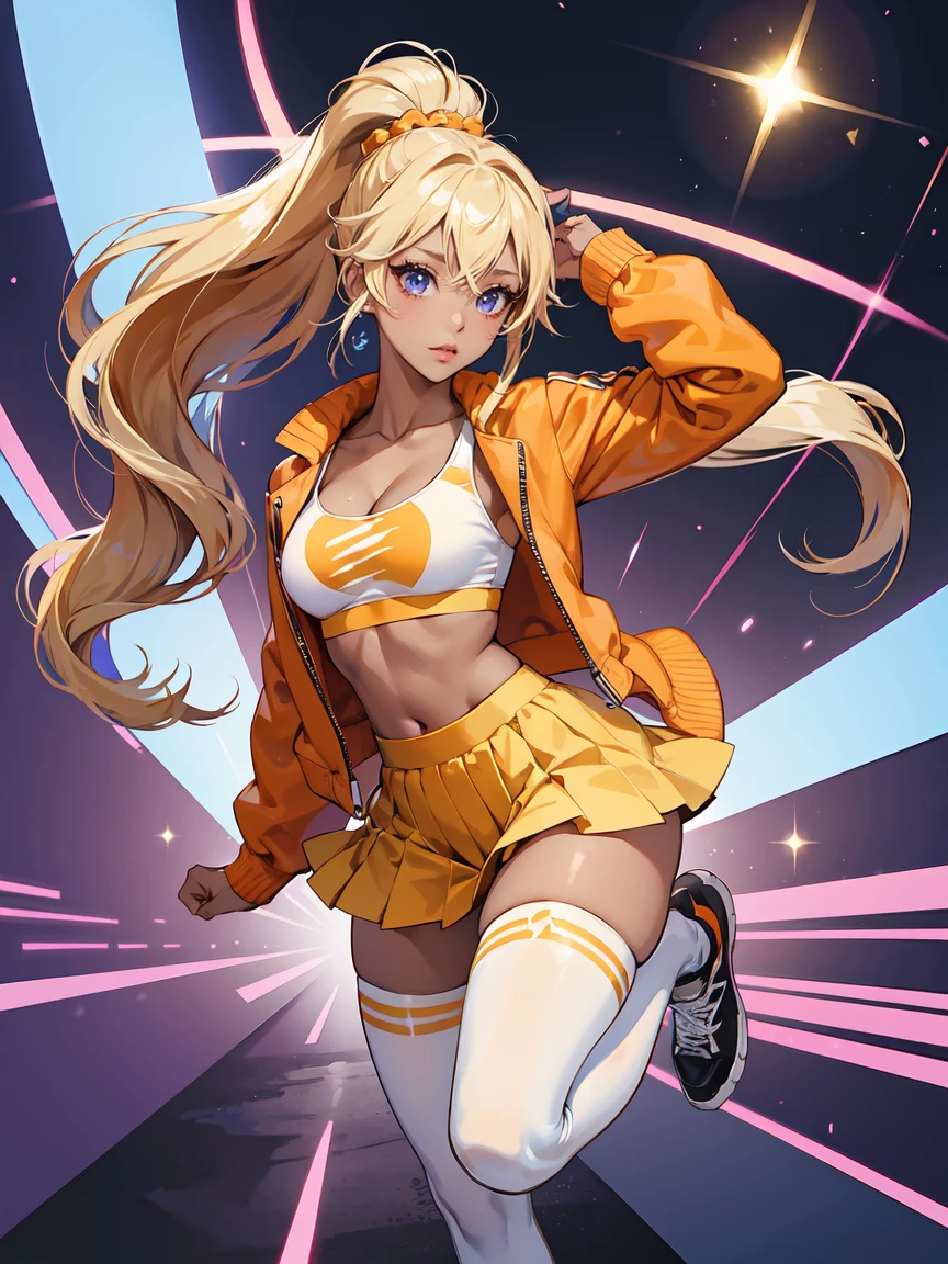 1masterpiece, high resolution 4k, high detalied, 1girl, 25 years old, (full body), standing, legs apart, solo, (yamanba gyaru girl), [ganguro girl], shiny skin, (dark skinned female), [tanned skin], long blonde hair, hime cut, bangs, (hair up), huge breasts, big eyes, ligth blue eyes, hip bones, collarbones, orange jacket, open jacket, poet long sleeves, puffy sleves, sleeves past wrists, (sports mini bra only), (pencil mini skirt), (high waist skirt), high top sneakers, plataform sneakers, (orange thighhighs), [red thighhighs], nails, purple nail polish, park back ground, park scenary, anime style, inspired by genshin impact. 