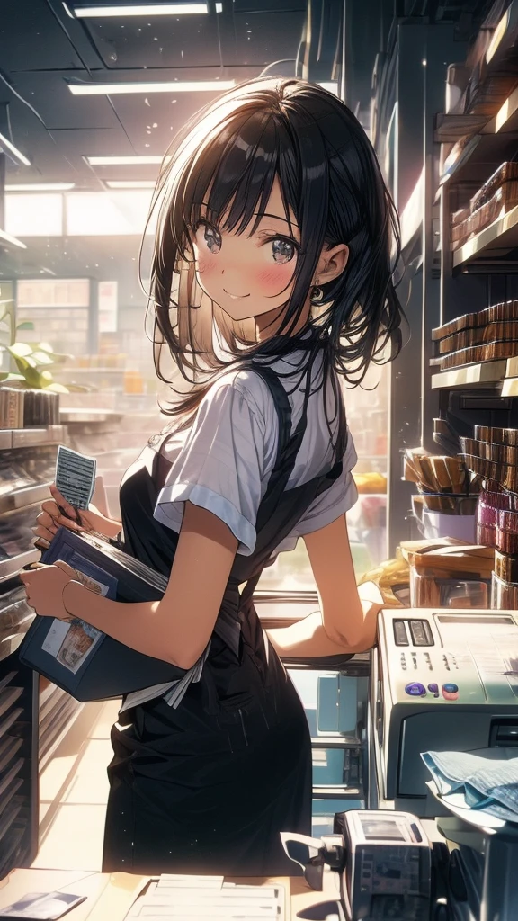 young woman,Facing forward,smile,((Standing inside the cash register)),Touching the cash register machine,Customer Service,((There is a cash register on the table)),(Scanning product barcodes at the cash register)),Supermarket clerk,Wearing an apron,((Working as a cashier)),((Cashier)),((cashier,register,)),((Receive money from customers)),There are products on the shelves,In the supermarket,Bright interior