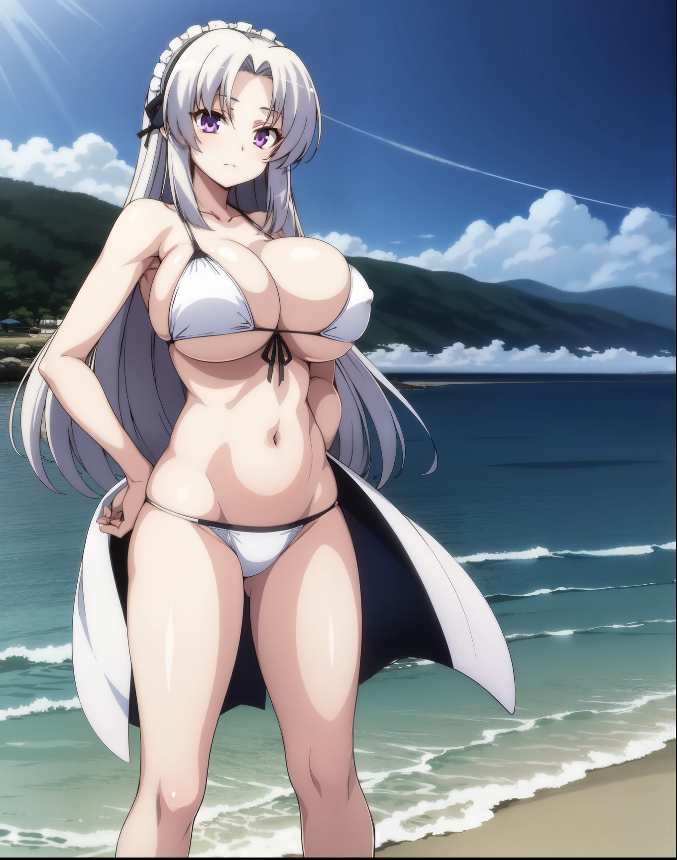 Kuesu Jinguji_multimerge,1girl, silver_hair, purple_eyes, big_breast, perfect_hands, White_bikini, full_body, beach_background