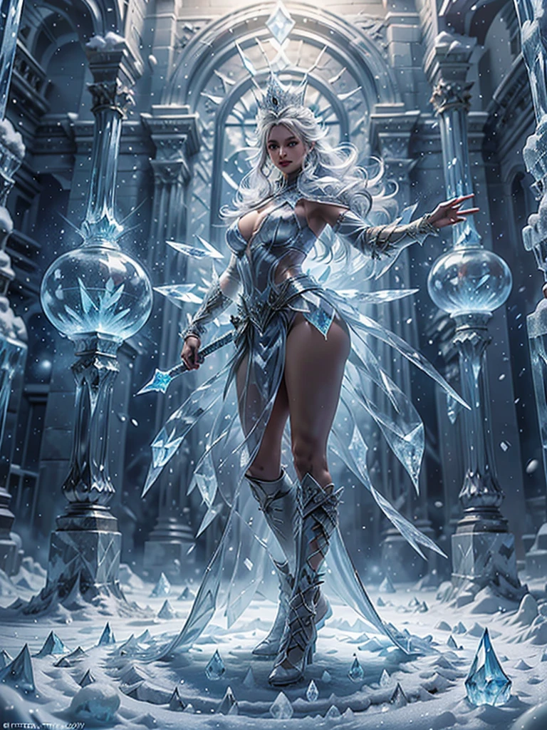 throneroom, ice, 
Raw photo、(High resolution:1.3)、(Highest quality)、8k、(Perfect Anatomy)、Back view、(Angle from below)、One beautiful woman、Beautiful and well-proportioned face、20-year-old、(Young Snow Queen standing in front of her ice throne:1.3)、Ice Castle Throne Room、(snow:1.3)、(Beautiful ice crown:1.3)、(Ice Long Sword)、(Super see-through ice dress:1.3)、(Increased transparency:1.2)、(The costumes are all made from highly transparent ice.、The embroidery and frills on the dress are recreated in ice.)、Ice furniture and walls、Intricate details、Detailed Background、Turn around and give the viewer a confident smile、(Super hourglass body type:1.3)、(Super big breasts pointing upwards:1.3)、(Wide super big ass:1.2)、Spread your legs wide and stick your ass out、Sexy and acrobatic fighting poses、(A ring of tiny ice snow forms around her.:1.3)、A dramatic, cinematic atmosphere