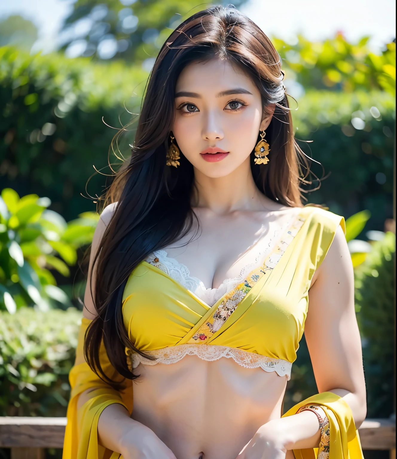 (best quality,8k,ultra-detailed,masterpiece:1.2),beautiful real japanese girl wearing yellow saree, transparent lace, detailed facial features,attractive pose with a confident expression,gorgeous flowing hair,striking blue eyes,perfectly manicured nails,shimmering jewelry,soft and ,sculpted muscles,strong tuned and defined abs, garden,  upper body