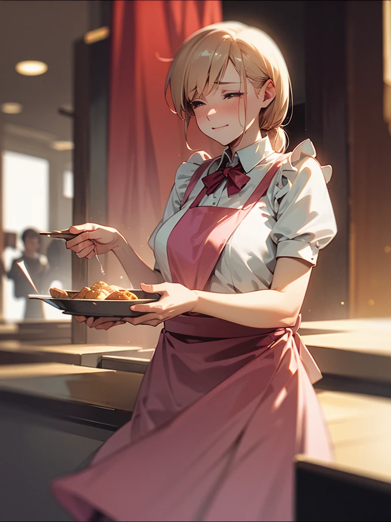 (Sumilux f1.4 50mm , low Latitude old color negative film , cross process , bokeh, flare, chromatic aberration , soft focus, (Shallow focus) , soft glow , Maximum aperture, low Key , Transparent depiction) , comedy cartoon style , coquettish , Clumsy Cafe clerk milf , blouse, apron, skirt , heart is beating fast with anticipation , Drop and break dishes