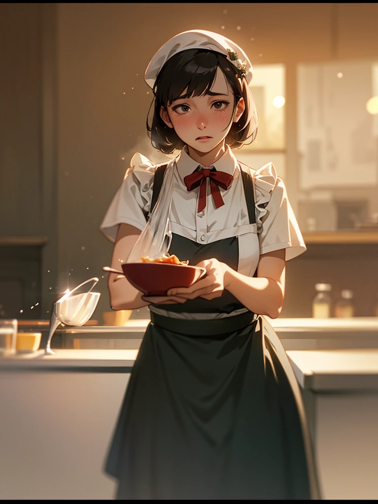 (Sumilux f1.4 50mm , low Latitude old color negative film , cross process , bokeh, flare, chromatic aberration , soft focus, (Shallow focus) , soft glow , Maximum aperture, low Key , Transparent depiction)  , comedy cartoon style , coquettish , Clumsy Cafe clerk milf , blouse, apron, skirt  , heart is beating fast with anticipation , Drop and break dishes