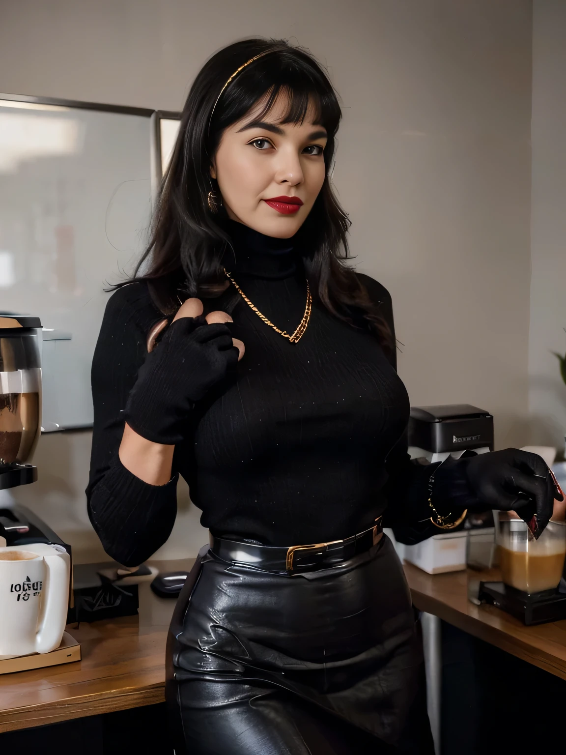 photo of a good class looking smiling office secretary bettie page at 35 years old ,(( red lipstick )) ((Bettie has a black long maxi-skirt:1.2 and a black turtleneck sweater with a gold chain )), (( she is wearing his favorite black gloves )) (( black high knee boots)) (( ) (( she is the boss of the office and everyone love her)) ((she is takin a coffe with hers employers,in the office, she is standing near the coffe machine ,everyone is listening to her)) ((it's very cold, and everyone is full dressed)) (( she is wearing his favorite black gloves ))