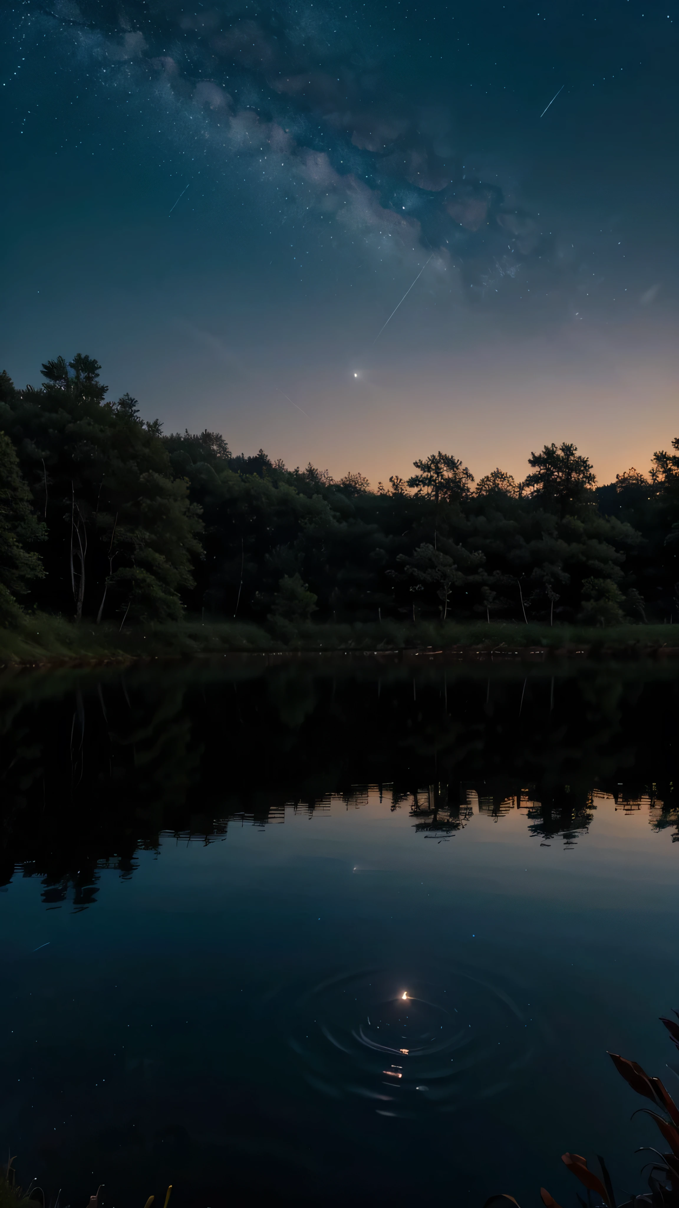 night scene in nature, featuring a calm lake under a starry sky. The moon casts a gentle glow over the landscape, with silhouettes of trees reflected in the still water. The atmosphere should evoke a sense of peace and tranquility."