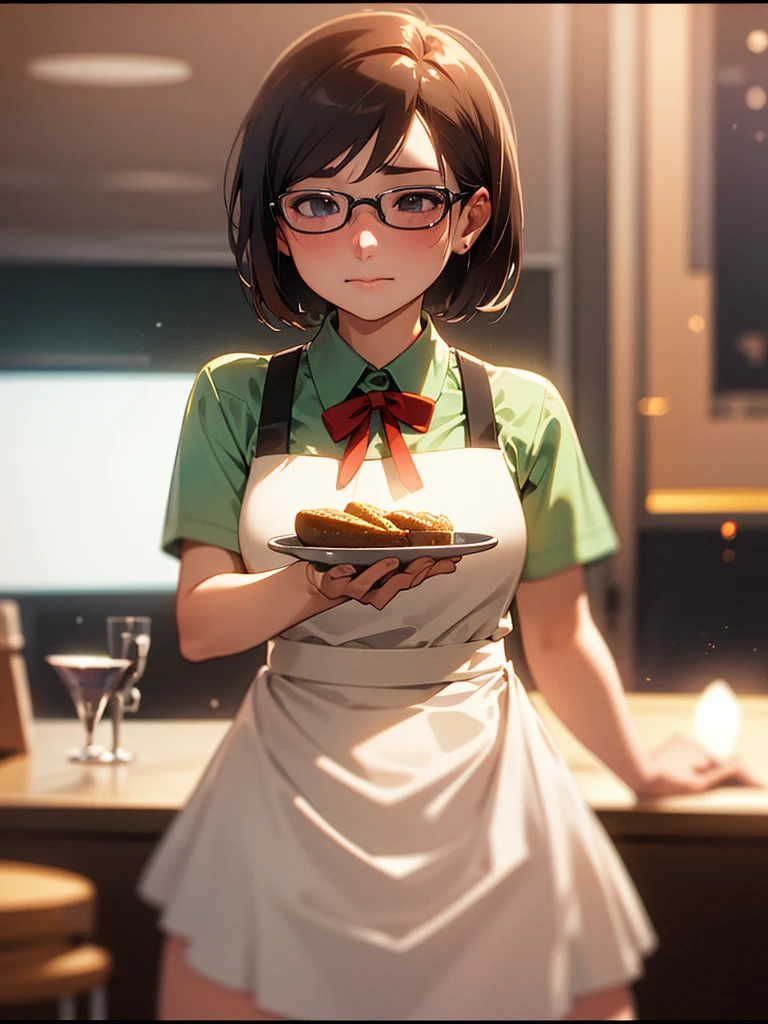 (Sumilux f1.4 50mm , low Latitude old color negative film , cross process , bokeh, flare, chromatic aberration , soft focus, (Shallow focus) , soft glow , Maximum aperture, low Key , Transparent depiction) , comedy cartoon style , coquettish , Clumsy Cafe clerk milf , open blouse, apron, skirt , heart is beating fast with anticipation , Drop and break dishes