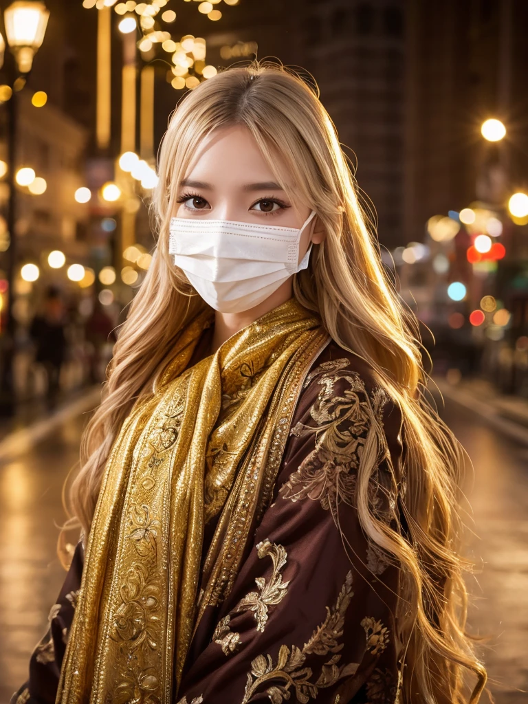 Supermodel with detailed long, curly, flowing hair, Dressed in golden clothes (Translucent and exquisitely embroidered) (Metallic Surgical Mesh Mask) Cover your face, ((mouth is hidden)), wearing strange future fashion,  Luxurious and exquisite gold accents, photograph, Exquisitely crafted, Created, Scrupulous, grow, Maximum details, Extremely beautiful, Bokeh, プロの写真photograph