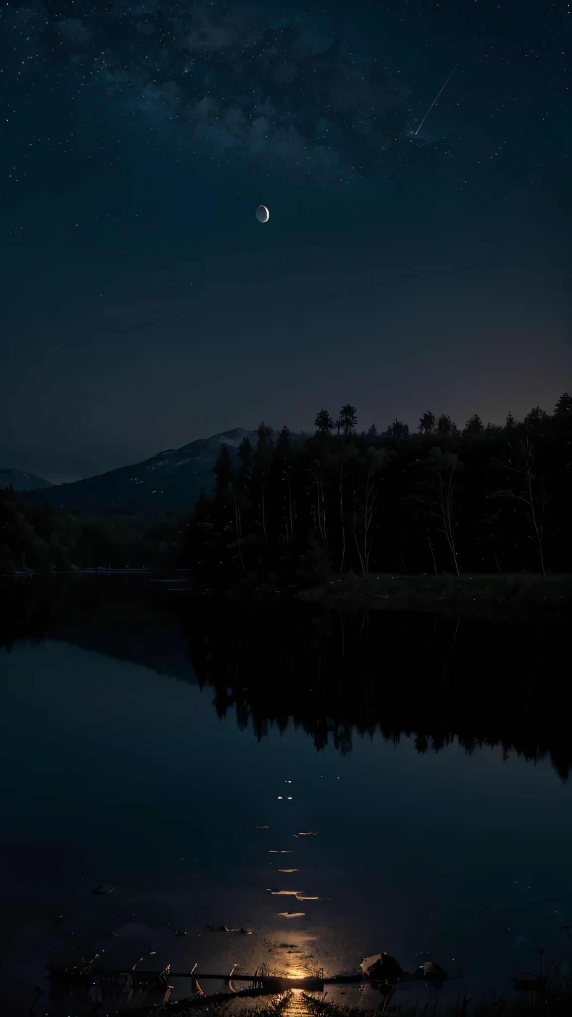 night scene in nature, featuring a calm lake under a starry sky. The moon casts a gentle glow over the landscape, with silhouettes of trees reflected in the still water. The atmosphere should evoke a sense of peace and tranquility."