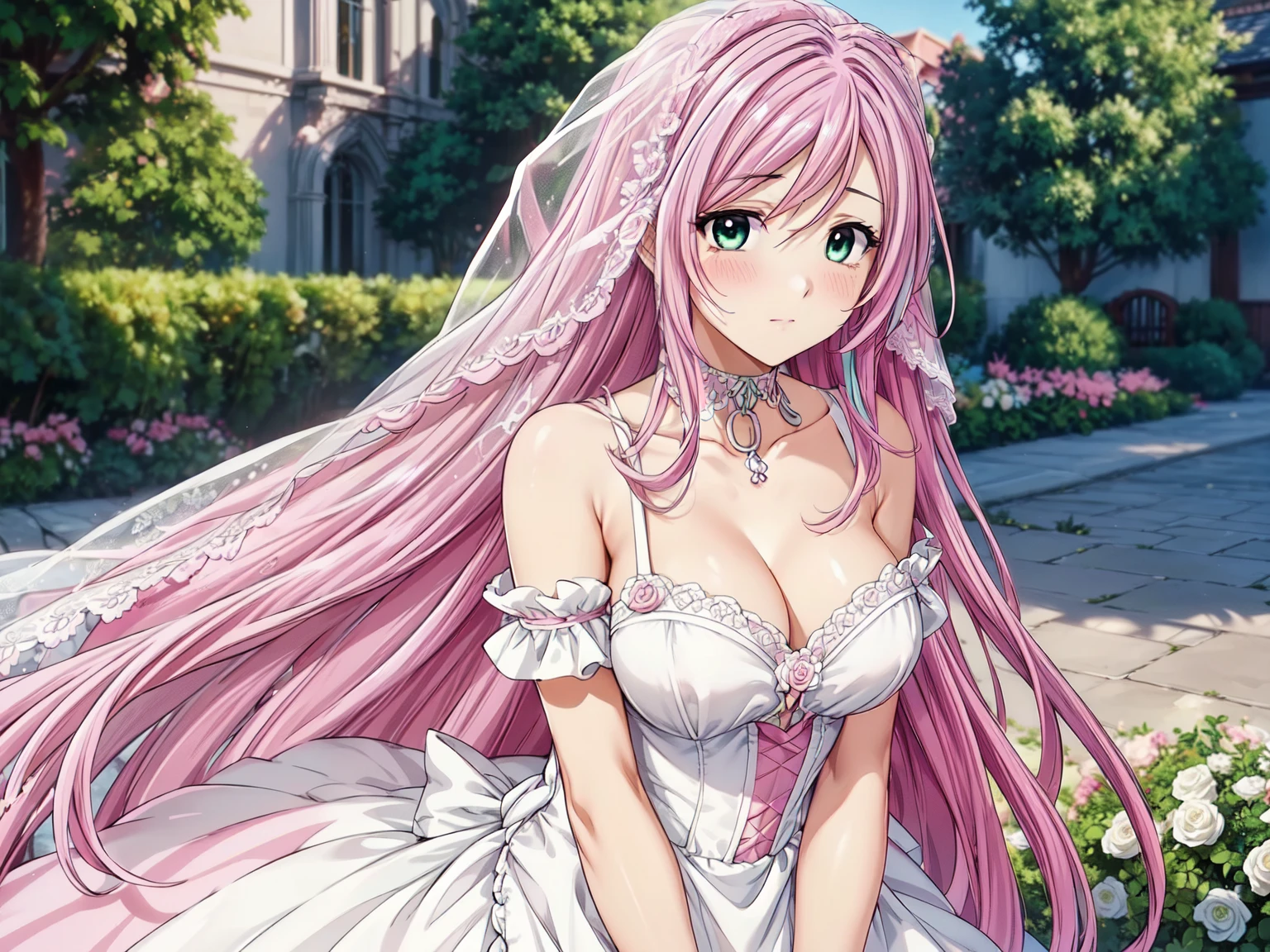 (masterpiece, best quality, beautiful and aesthetic:1.3), 1woman, solo, d woman, (bright pink hair streaked silver:1.4), (Gradient pink hair ends:1.6), hair strand, absurdly long hair, single sidelock, wavy hair, shiny hair, floating hair, (deep green eyes), delicate eyes, aqua eyes, super high detailed eyes, long upper eyelashes, makeup, Focus on face, Very detailed facial, Perfect breastbody, (Delicate skin texture:1.2), bridal veil, lace-trimmed dress, see-through, wedding dress, outdoors, white roses, garden, morning, standing, extreme detailed, (A little embarrassing)