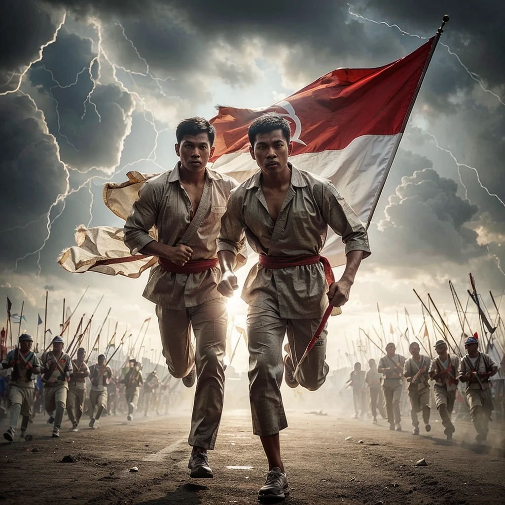 Male fighters carrying Indonesian flags run with fighting spirit 
