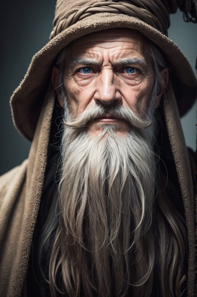 A portrait oF a wizard, bearded, wrinkled, weathered, with piercing eyes, detailed Face, High details, fot, dark studio, rim-light, Nikon D850, 50mm, F/1.4