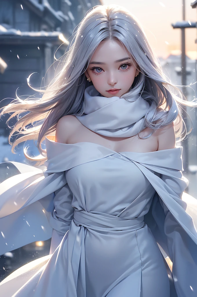 ((masterpiece:1.5、8k、Portraiture、フォトリアリスティックでVery detailedなCG、Very detailed、Particle Effects、Dynamic Effects、Shallow depth of field、Cinematic Light、Lens flare、Ray Tracing、Tabletop、Realistic:1.4、Ultra-high resolution:1.2、Realistic、Realistic))((alone、,A woman wearing a cashmere coat over an off-the-shoulder dress:1.4、wear a long scarf、Elegant woman posing、Detailed face、bright表情、young, bright, Whiter skin、Ample breasts、Best Looks、Ultimate beauty、Shiny silver hair with highlights、bright and shiny hair,、Super long, Silky straight hair、Hair dancing in the wind))(morning、The setting is outdoors in the snow、Surrounded by illuminations)
