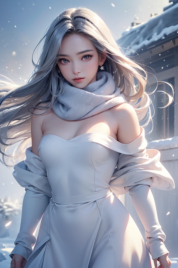((masterpiece:1.5、8k、Portraiture、フォトリアリスティックでVery detailedなCG、Very detailed、Particle Effects、Dynamic Effects、Shallow depth of field、Cinematic Light、Lens flare、Ray Tracing、Tabletop、Realistic:1.4、Ultra-high resolution:1.2、Realistic、Realistic))((alone、,A woman wearing a cashmere coat over an off-the-shoulder dress:1.4、wear a long scarf、Elegant woman posing、Detailed face、bright表情、young, bright, Whiter skin、Ample breasts、Best Looks、Ultimate beauty、Shiny silver hair with highlights、bright and shiny hair,、Super long, Silky straight hair、Hair dancing in the wind))(morning、The setting is outdoors in the snow、Surrounded by illuminations)