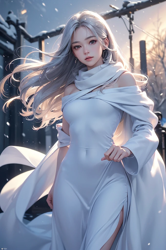 ((masterpiece:1.5、8k、Portraiture、フォトリアリスティックでVery detailedなCG、Very detailed、Particle Effects、Dynamic Effects、Shallow depth of field、Cinematic Light、Lens flare、Ray Tracing、Tabletop、Realistic:1.4、Ultra-high resolution:1.2、Realistic、Realistic))((alone、,A woman wearing a cashmere coat over an off-the-shoulder dress:1.4、wear a long scarf、Elegant woman posing、Detailed face、bright表情、young, bright, Whiter skin、Ample breasts、Best Looks、Ultimate beauty、Shiny silver hair with highlights、bright and shiny hair,、Super long, Silky straight hair、Hair dancing in the wind))(morning、The setting is outdoors in the snow、Surrounded by illuminations)
