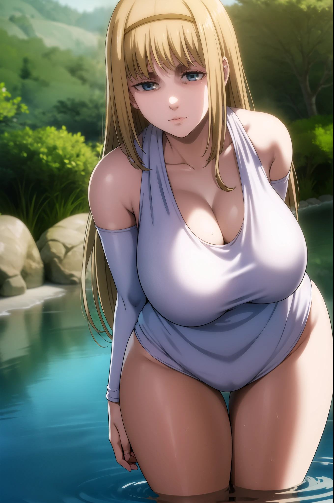 Simple White Background,
white shirt,collarbone, cleavage, bare shoulders,
armbands,
blue eyes, blonde hair,bangs,Long_hair,hairband,huge breasts,thick thighs,wide hips,cleavage,full body, background small pond surrounded by trees, bottemless, bent over showing ass,
1 girl, 20yo,Young female,Beautiful Finger,Beautiful long legs,Beautiful body,
Beautiful Nose,Beautiful character design, perfect eyes, perfect face,expressive eyes,perfect balance,
looking at viewer,closed mouth, (innocent_big_eyes:1.0),(Light_Smile:0.3),
official art,extremely detailed CG unity 8k wallpaper, perfect lighting,Colorful, Bright_Front_face_Lighting,White skin,
(masterpiece:1.0),(best_quality:1.0), ultra high res,4K,ultra-detailed,huge butt,
photography, 8K, HDR, highres, absurdres:1.2, Kodak portra 400, film grain, blurry background, bokeh:1.2, lens flare, (vibrant_color:1.2),professional photograph, curvy,
(Beautiful,large_Breasts:1.4), (beautiful_face:1.5),(narrow_waist),