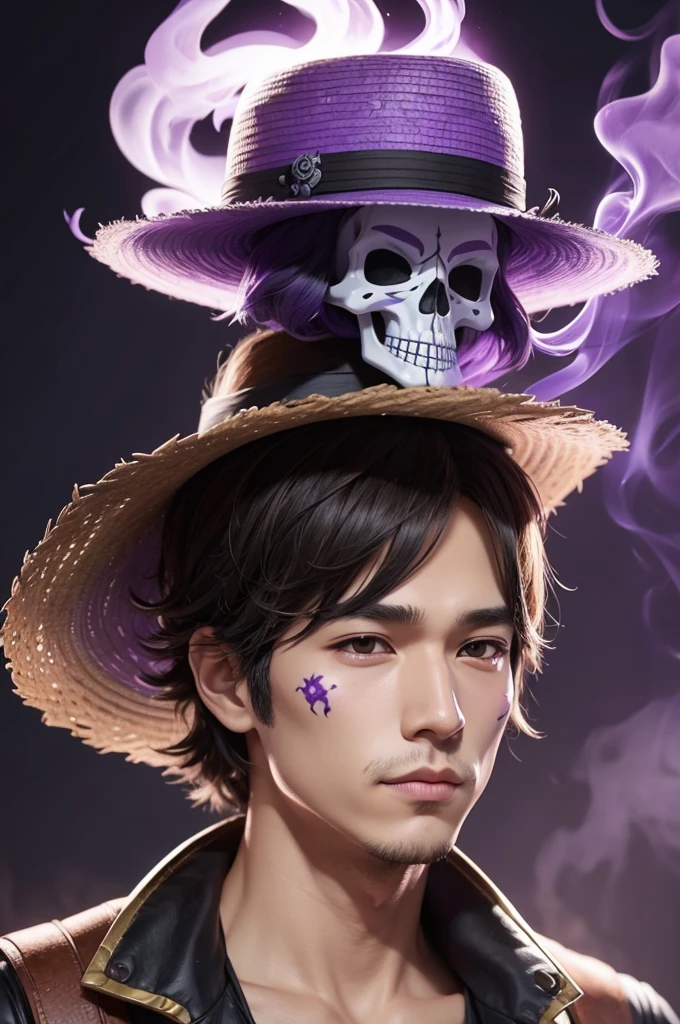 A Cartoon style free fire avatar with a straw hat, skull mask and purple smoke coming out of his eyes