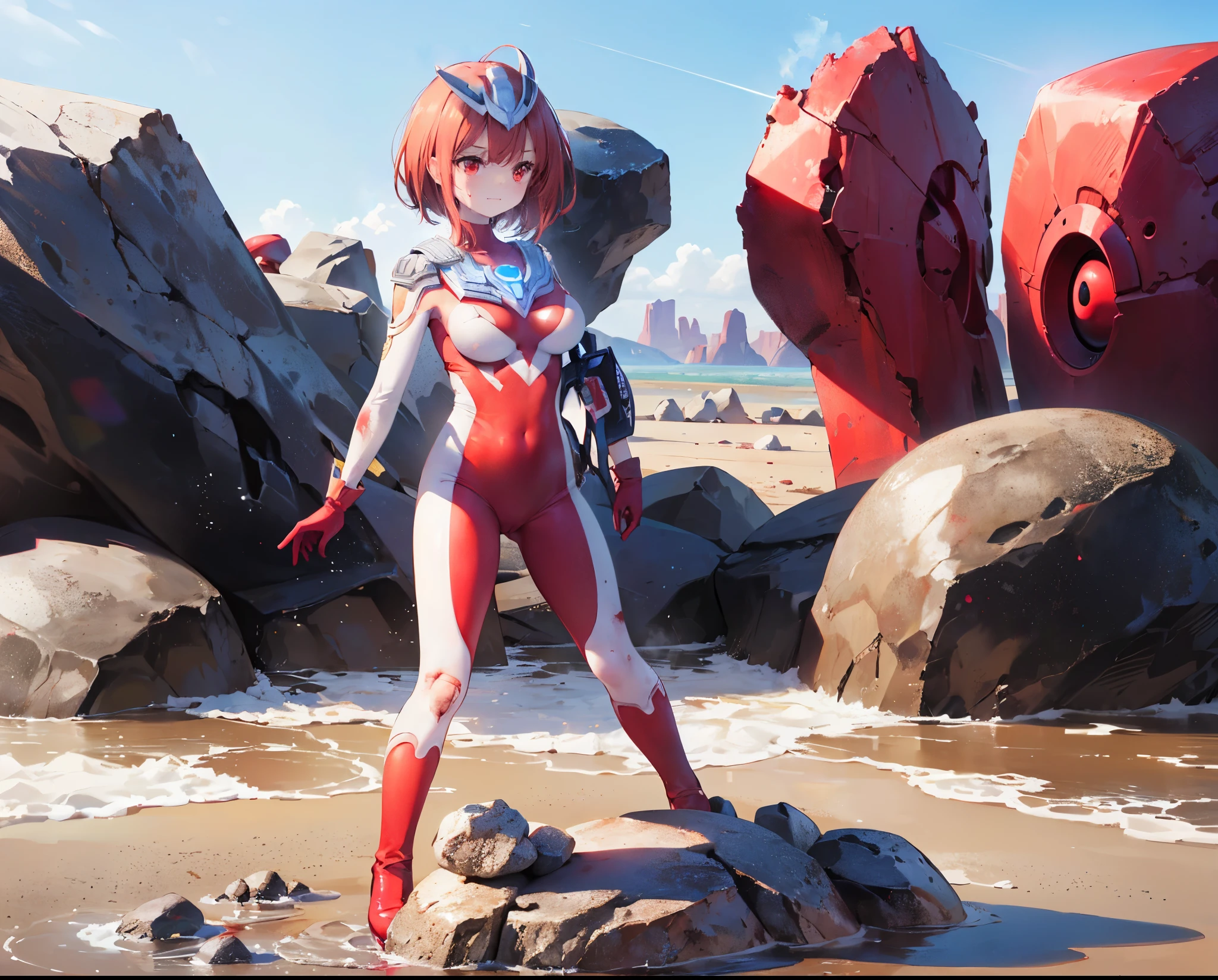 (Close-up:1.3),Realistic,Highest quality, Ultra Detail, High-quality CG rendering, The most delicate and beautiful, Floating softly, High resolution, (1 giant girl), (Highest quality,4K,8k,masterpiece:1.2),(All red hair:1.5), (semi-long:1.5),(Red eyes:1.5), (Ultra Girl:1.0), (All red Ultraman bodysuit:1.4),(Do not expose your skin:1.6),(Slightly larger breasts:1.5),(Red gloves:1.3),(Red Shoes:1.3),(whole body:1.3),(Are standing:1.3),(Plain surrounded by rocks:1.3),(Brown sandy ground:1.3),(Fighting Pose:1.3),(sweating:1.3),(Wounded:1.3),(Brown mud stains:1.3),(front:1.4)