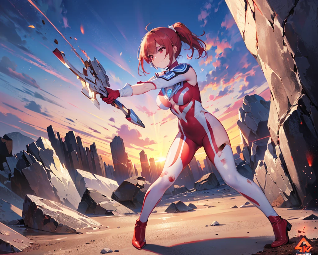 (Close-up:1.3),Realistic,Highest quality, Ultra Detail, High-quality CG rendering, The most delicate and beautiful, Floating softly, High resolution, (1 giant girl), (Highest quality,4K,8k,masterpiece:1.2),(All red hair:1.5), (ponytail:1.5),(Red eyes:1.5), (Ultra Girl:1.0), (All red Ultraman bodysuit:1.4),(Do not expose your skin:1.6),(Slightly larger breasts:1.5),(Red gloves:1.3),(Red Shoes:1.3),(whole body:1.3),(Are standing:1.3),(Plain surrounded by rocks:1.3),(Brown sandy ground:1.3),(Fighting Pose:1.3),(sweating:1.3),(Wounded:1.3),(Brown mud stains:1.3),(front:1.4)