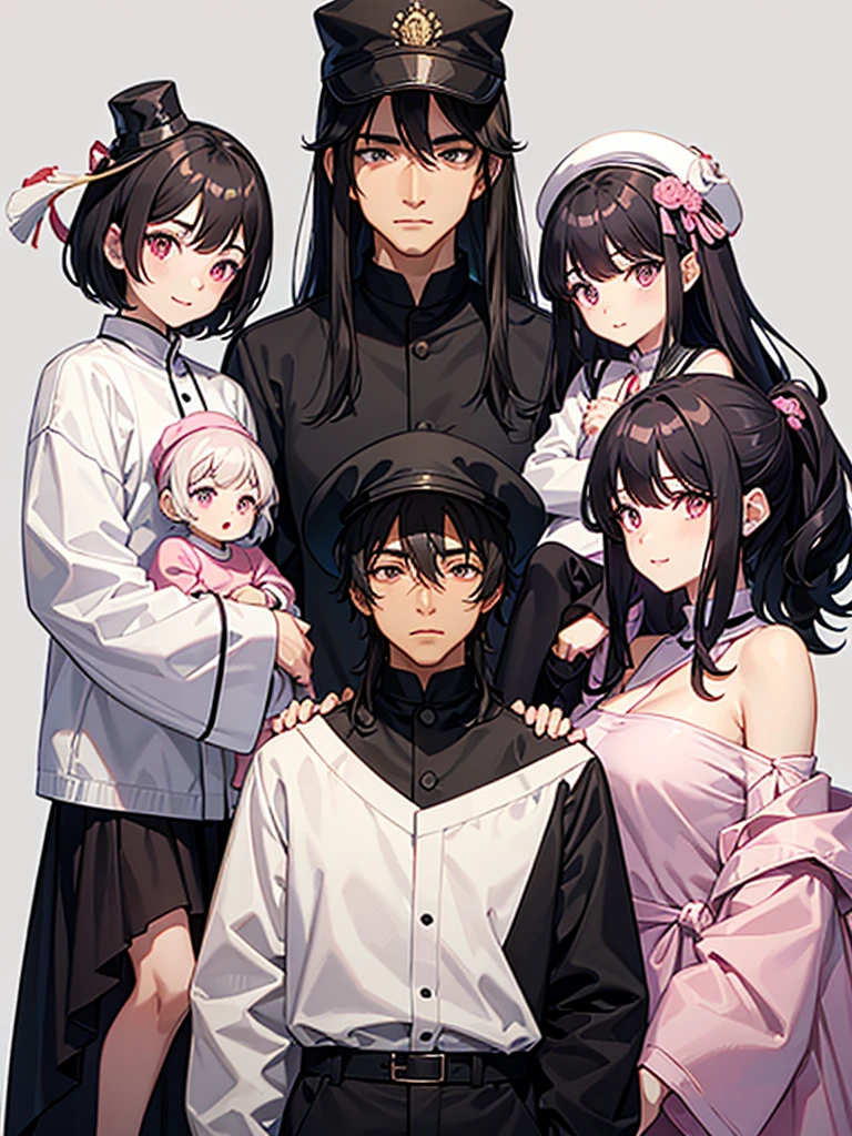 Western Asian family consisting of an older black-haired father, a young, white-haired mother, a with pink eyes and black hair with a cute hat on her head