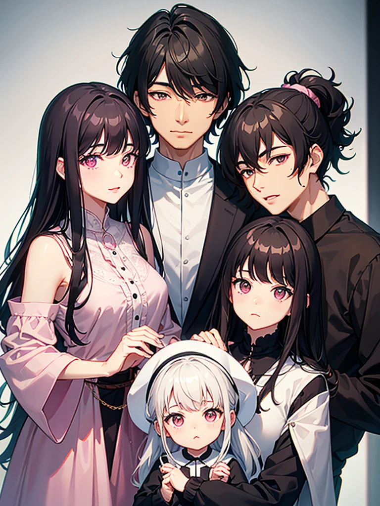 Western Asian family consisting of an older black-haired father, a young, white-haired mother, a with pink eyes and black hair with a cute hat on her head