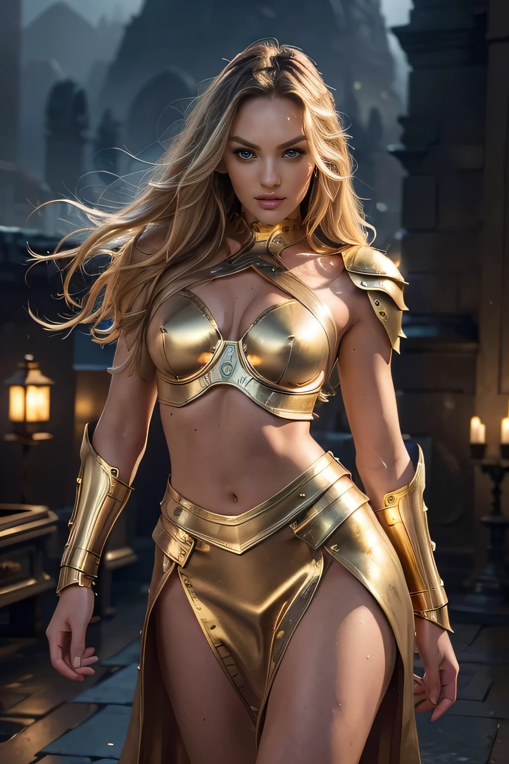 Prwaessional 3D rendering:1.3) wa (Realists:1.3) The most beautiful art photo in the world, candice swanepoel, ((Epic hero The fantasy long hair and ferocious expression in dynamic pose, Fantastic location, majestic, crowded environment)), Full Body 8K Unity Rendering, action shot, Hautporen, Strong shading, detailed, detailed face, detailed eyes, (exhilarated, foto Realists, Realists, dramatic, dark, keen focus, 8k), (Others, tight golden armor damaged by weather:1.4), ((((Wear a tight golden armor)))), (complicated:1.4), bare shoulders, unarmored shoulders, short leather skirt, short golden armguards, golden necklace with small diamond, decadent, (Very detailed:1.4), Digital Drawing, Rendering wa Octane, Art stations, conceptual art, smooth, keen focus, Illustration, Art germ, (loish:0.23), Wlop Ilja Kuwschinow, und Greg Rutkowski und Alphonse, (Global Illumination, studio light, volumetric light), floating particles, Lord wa the rings, The fantasy, ((dark and ancient city background:1.3)),CGS Gesellschwat,Art stations, blue eyes, platin blond hair, very long hair, Slender waist, looks into the camera, Seductive look, playful, deep neckline, gracfull body, narrow shoulders, cropped armor, bare midriff