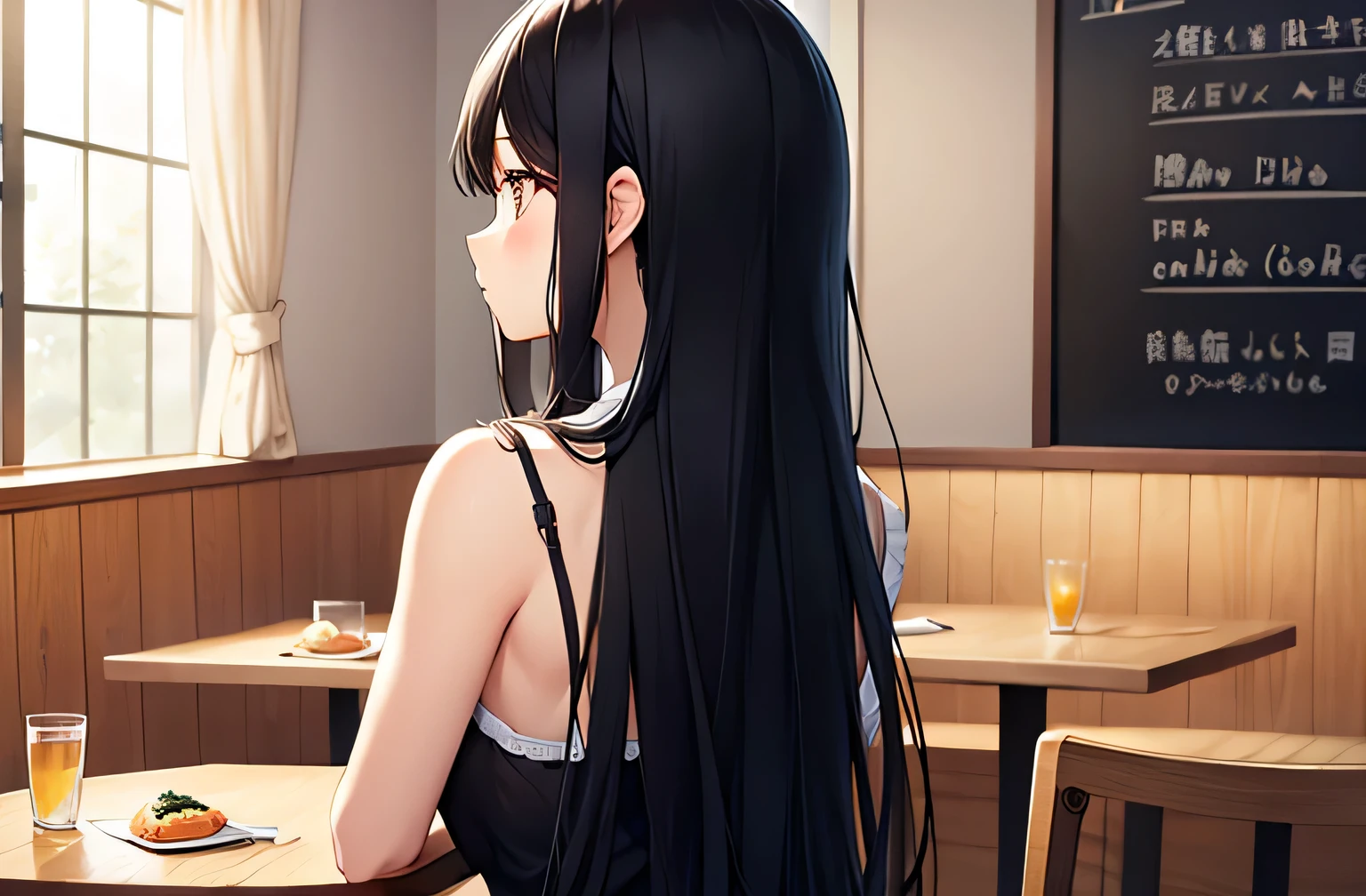 Highest quality,One Woman,Long black hair,Back view,A table with food,restaurant,かなり大きく描かれたBack view,draw from the shoulders up,真Back view,Looking diagonally to the left,Looking Away,The line of sight is in the back,Not looking at me,