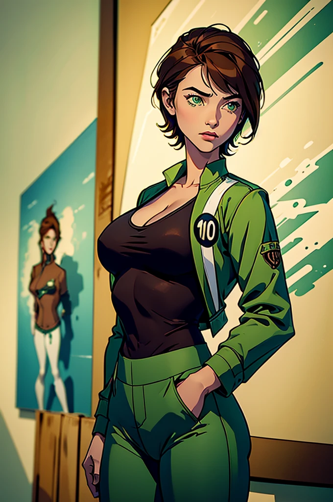 ((illustration)), (best quality)), ((masterpiece)), (detailed), benuaf, 1girl, brown hair, blue pants, green jacket, bmb-fc, huge breasts, short hair,