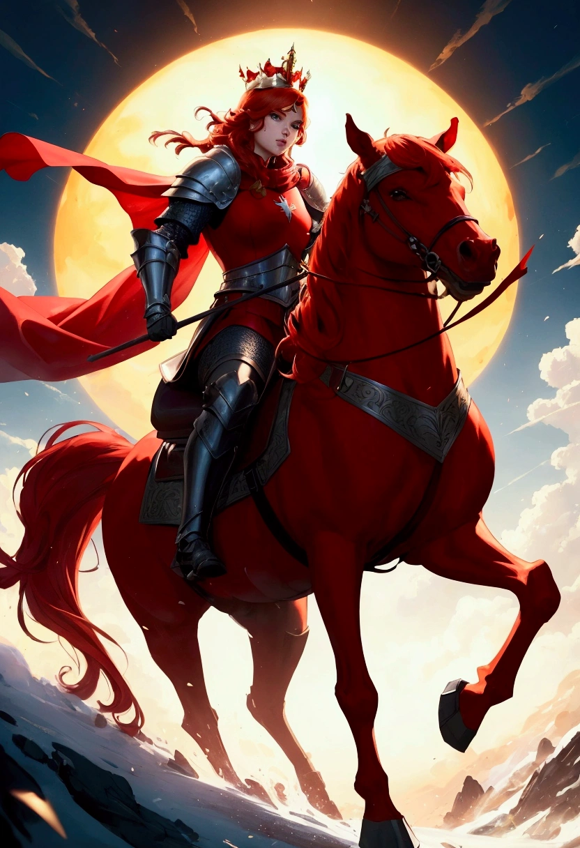 a close-up of a person riding a horse in a red cape, artgerm and atey ghailan, lady in red armor, artista gráfica magali villeneuve, inspirado em magali villeneuve, redhead queen in heavy red armor, artgerm and ruan jia, magali villeneuve', Alena Aenami e Artgerm